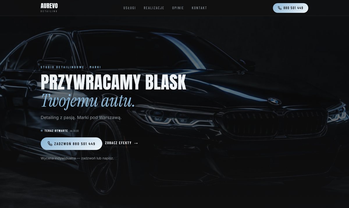 Projekt strony AUREVO Detailing Marki: czarne BMW w ciemnym studiu i hasło Przywracamy blask Twojemu autu