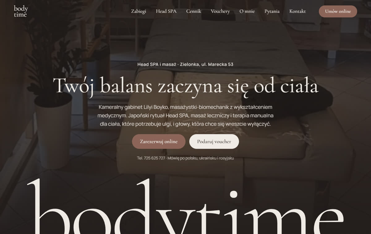 Projekt strony gabinetu Bodytime Zielonka z wideo z gabinetu