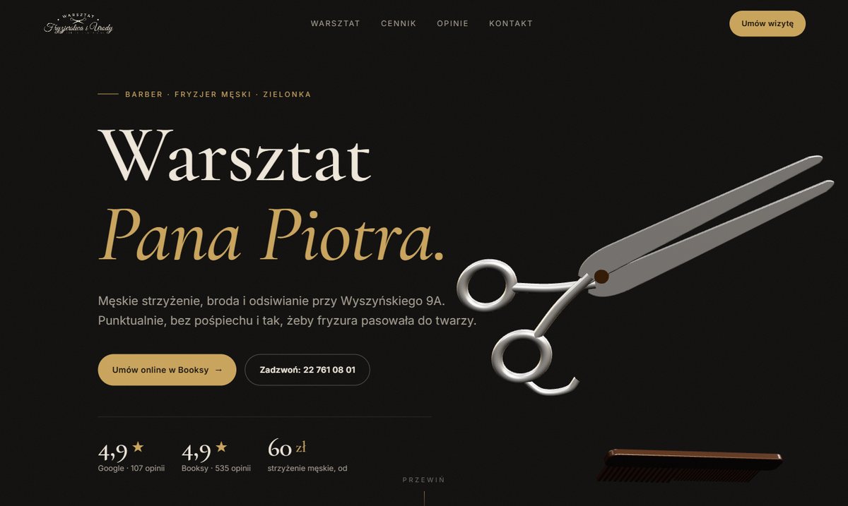 Projekt strony Warsztat Fryzjerstwa w Zielonce: ciemna strona z trójwymiarowymi nożyczkami i hasłem Warsztat Pana Piotra
