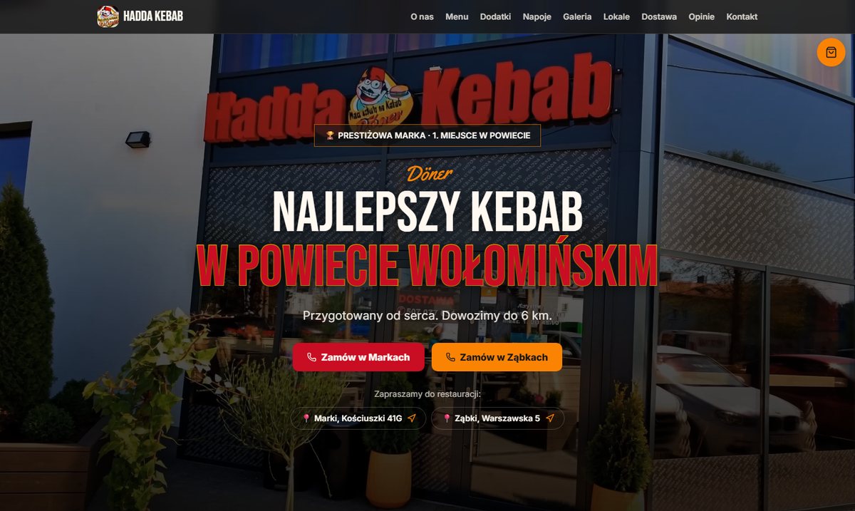 Projekt strony Hadda Kebab Marki i Ząbki: lokal z czerwonym szyldem i przyciski Zamów w Markach oraz Zamów w Ząbkach