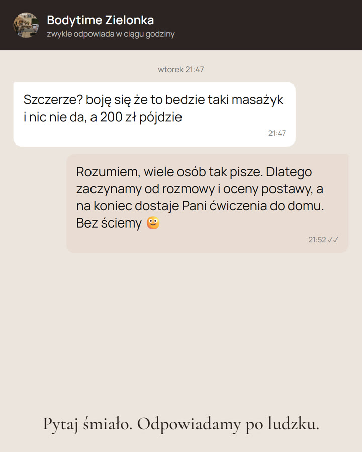 Reklama Bodytime w formie rozmowy na czacie o obawie, że masaż nic nie da