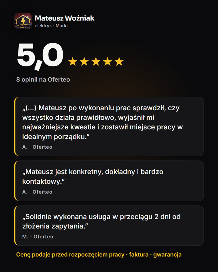 Reklama W.M.B elektryk: ocena 5,0 i trzy cytaty klientów z Oferteo