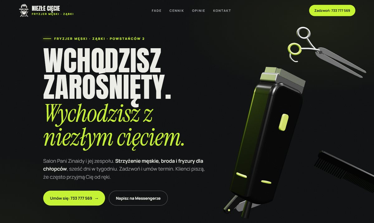 Projekt strony Niezłe cięcie Ząbki: ciemna strona z limonkowym akcentem, trójwymiarową maszynką i hasłem Wchodzisz zarośnięty
