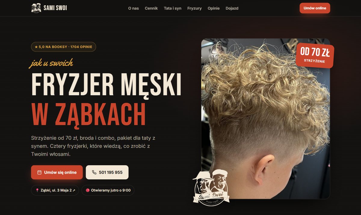 Projekt strony Sami Swoi fryzjer męski Ząbki: ciemna strona z napisem Fryzjer męski w Ząbkach i pieczątką od 70 zł