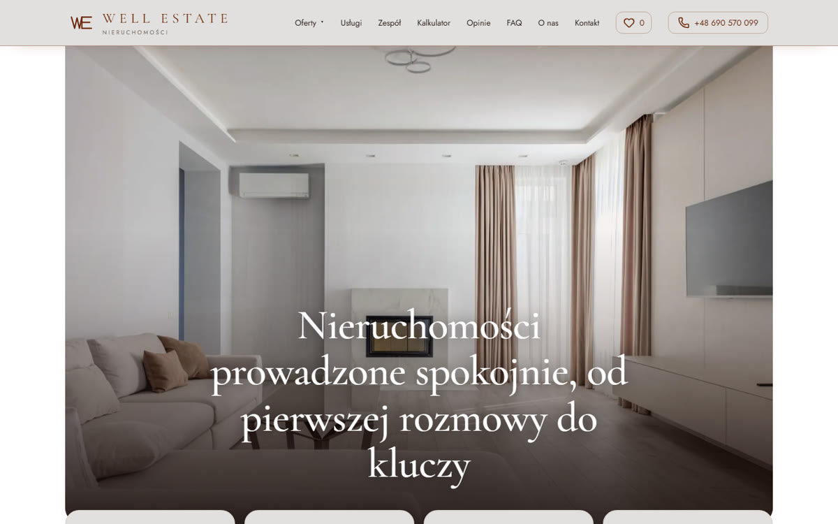 Projekt strony biura nieruchomości Well Estate: jasne wnętrze salonu i hasło o spokojnym prowadzeniu sprzedaży