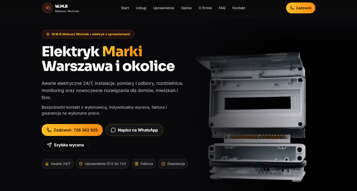 Strona W.M.B elektryk Marki: ciemny ekran główny z przyciskiem Zadzwoń i zdjęciem rozdzielnicy