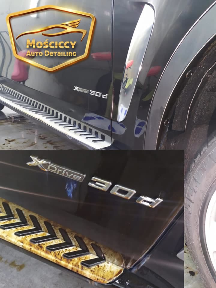 Przed i po: próg BMW X6 zabrudzony smołą i ten sam próg po czyszczeniu